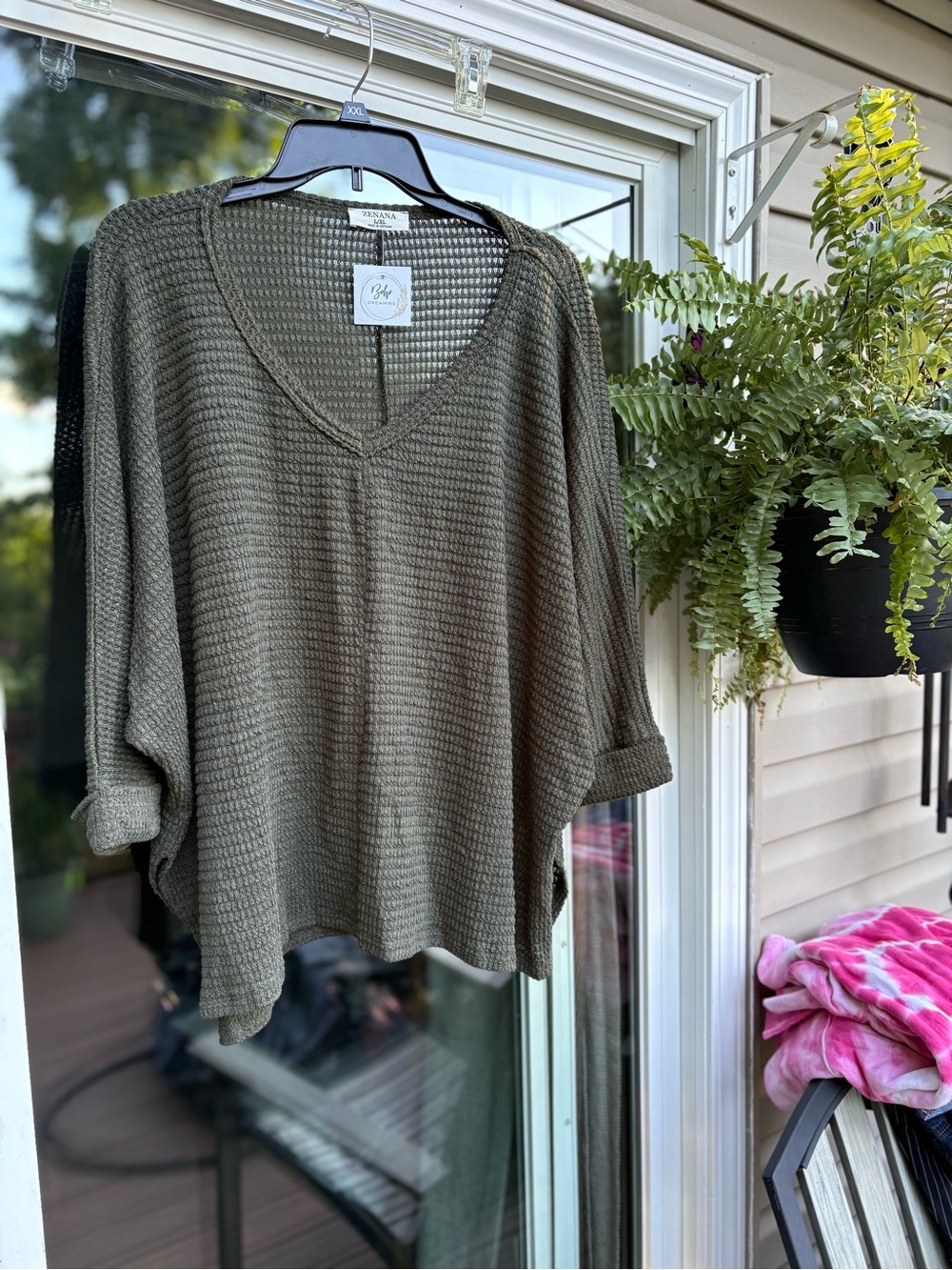 Zenana L/XL Olive Green V-Neck Waffle Knit Sweater NWT